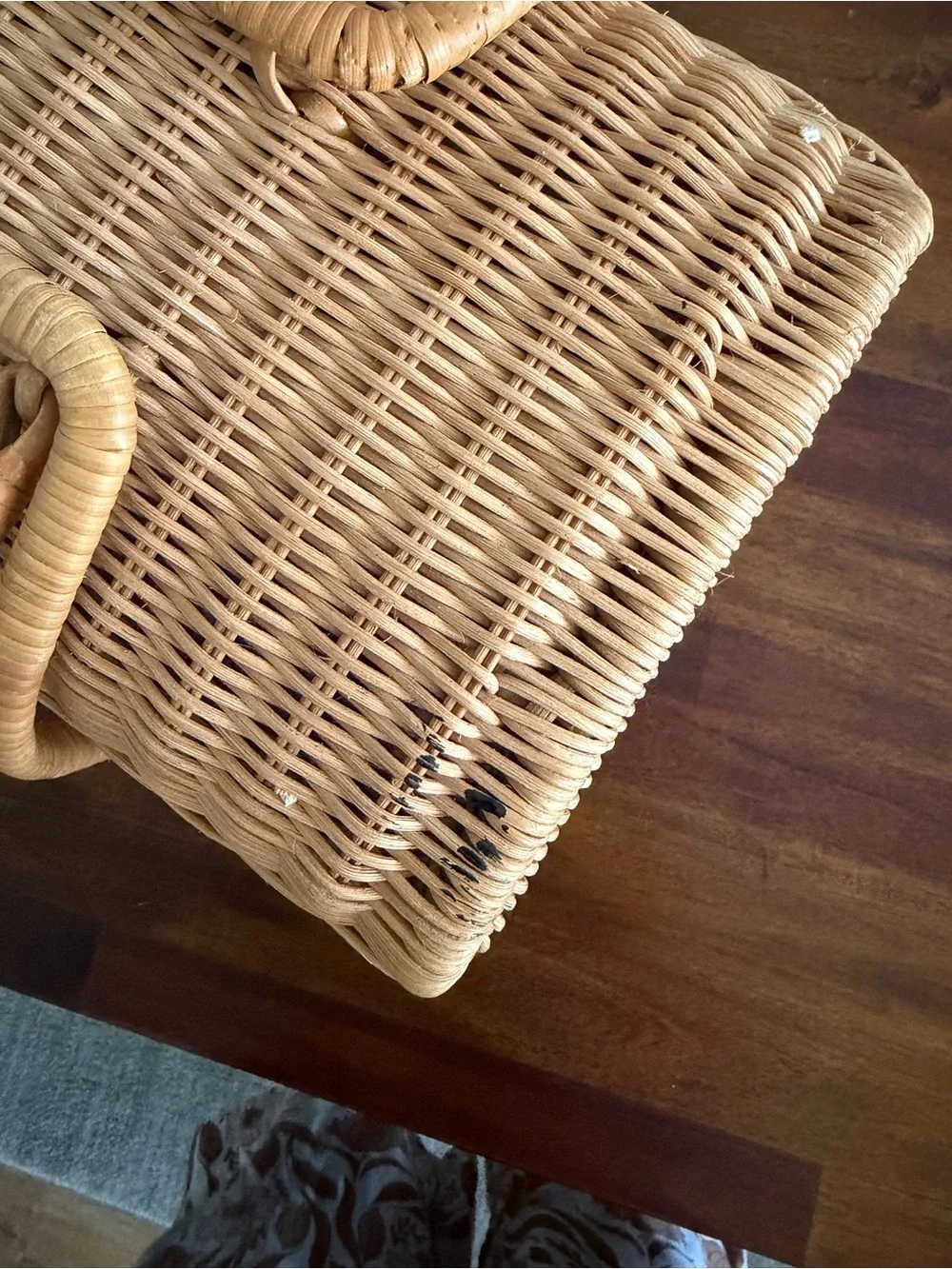 Vintage Woven Rattan Picnic Basket Red Gingham Split Lid Cottagecore BoHo